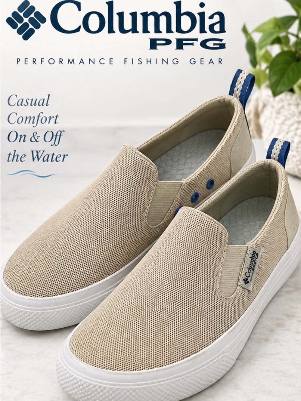COLUMBIA PFG. BEIGH SLIP-ON MESH BOAT SHOES WOMENS 7.5